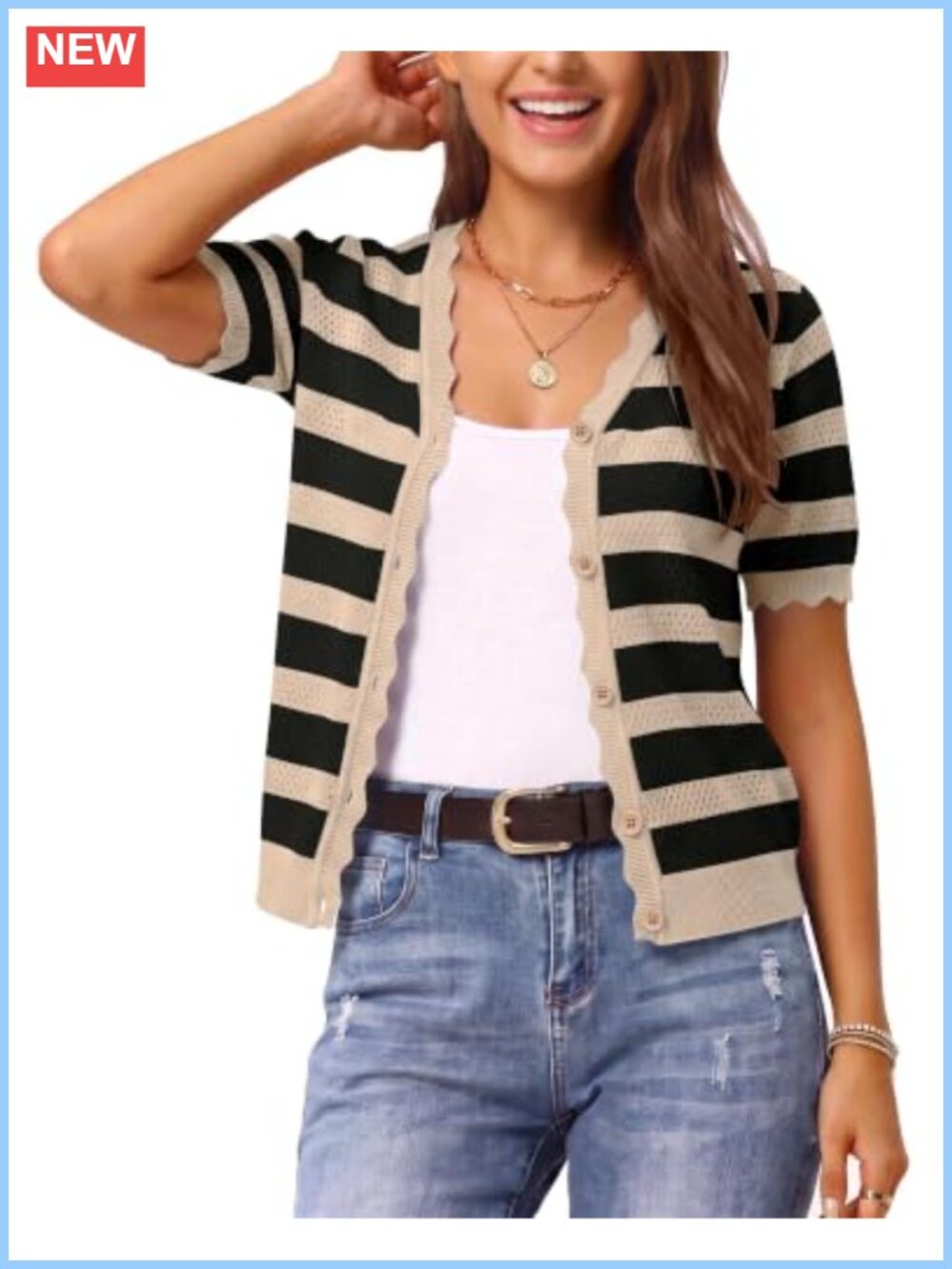 Women Short Sleeve Lightweight Knit Cardigan Button Down Scalloped Pointelle
